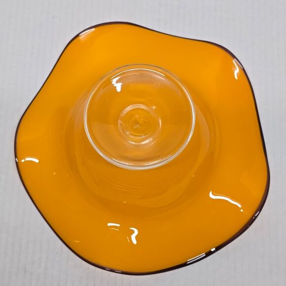 Vintage Teleflora Orange Handblown Art Glass  Ruffle Wave Footed Fruit Bowl - Picture 5 of 8